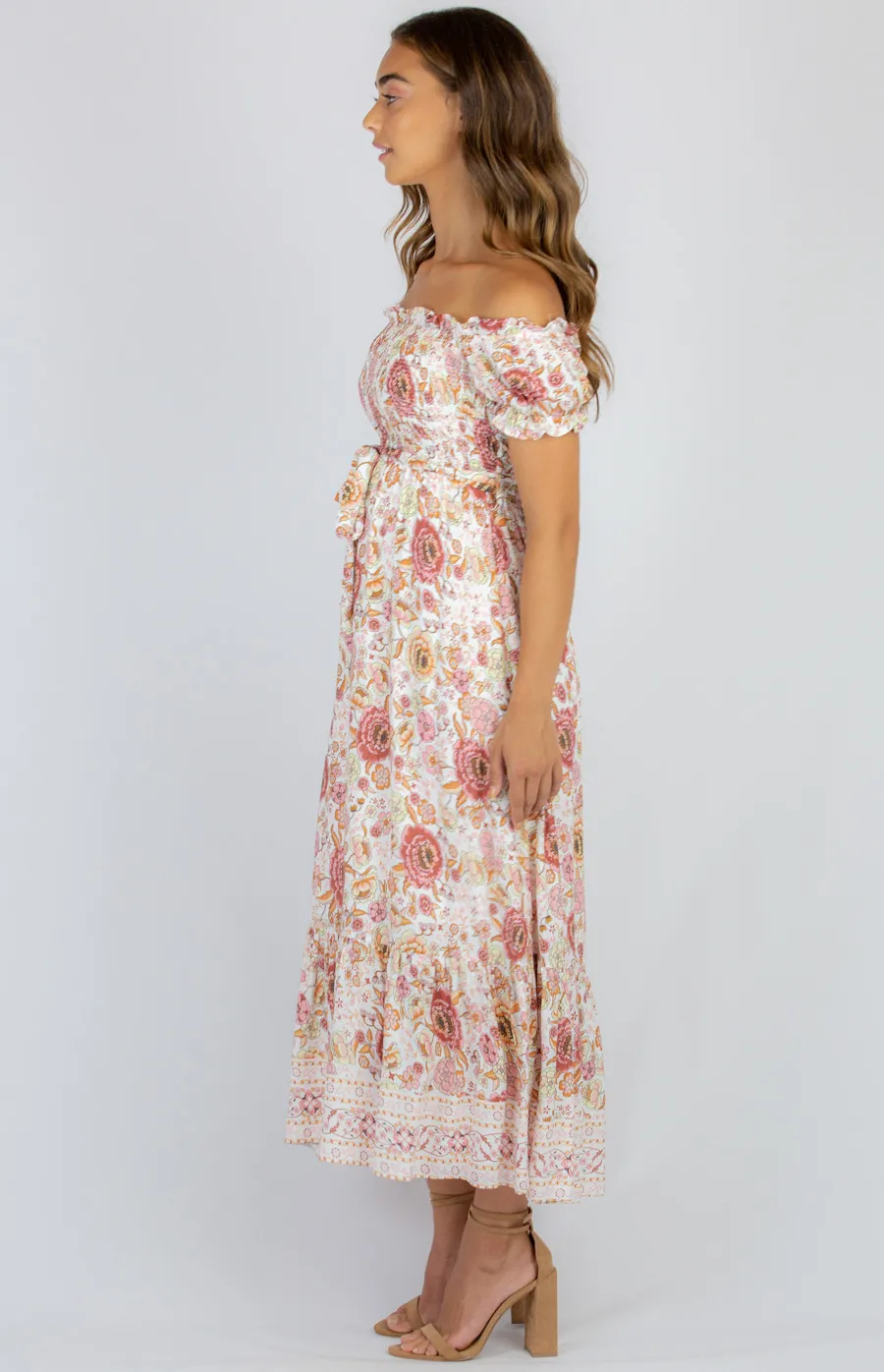 Off The Shoulder Shirred Detail Cotton Boho Maxi Dress (SDR977A)