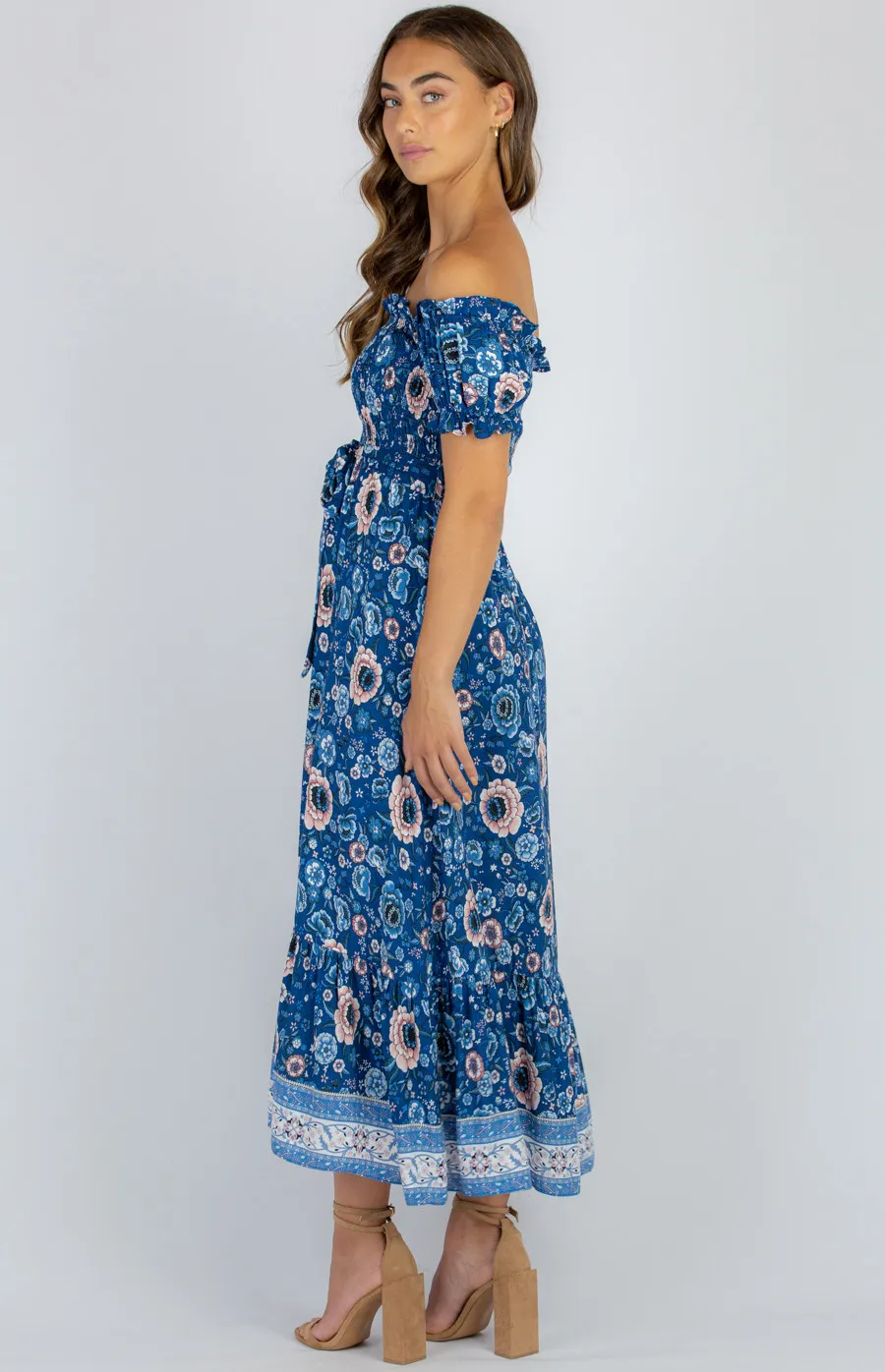 Off The Shoulder Shirred Detail Cotton Boho Maxi Dress (SDR977A)