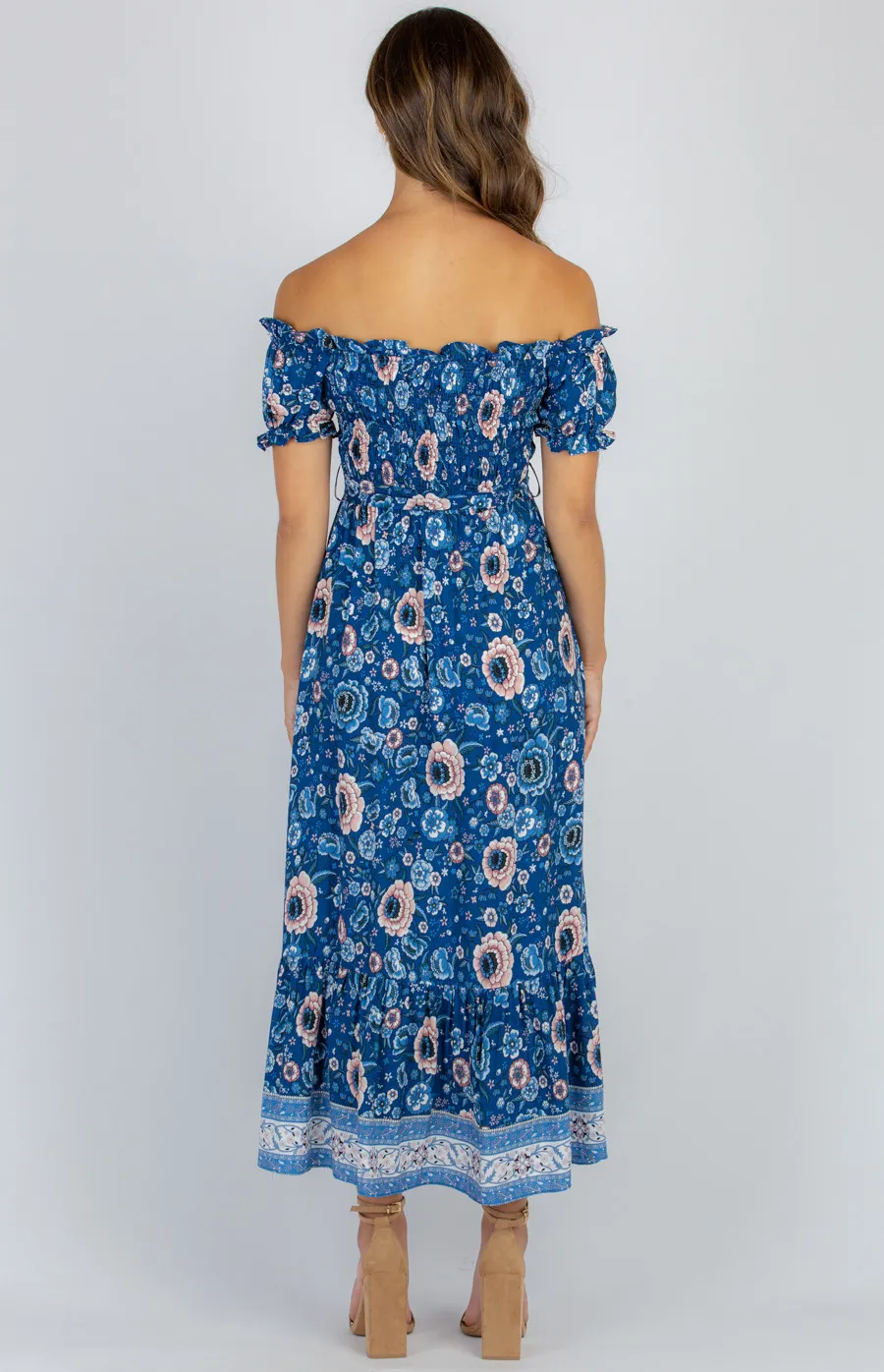 Off The Shoulder Shirred Detail Cotton Boho Maxi Dress (SDR977A)