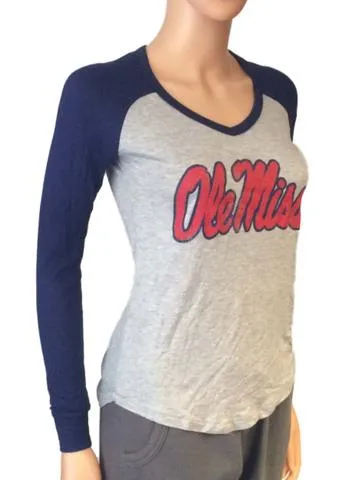 Ole Miss Rebels Retro Brand Women Navy Two Tone V-Neck Long Sleeve T-Shirt