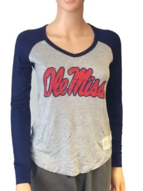 Ole Miss Rebels Retro Brand Women Navy Two Tone V-Neck Long Sleeve T-Shirt