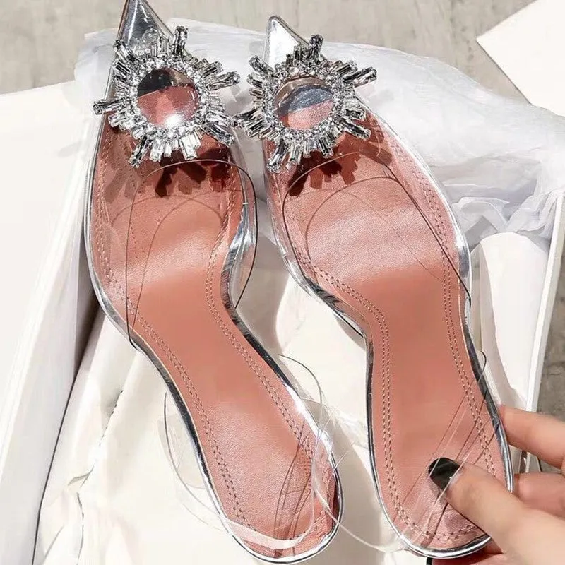 One Word Lace Shoes High-heeled Winter Women Transparent Crystal Female Baotou Ladies Style