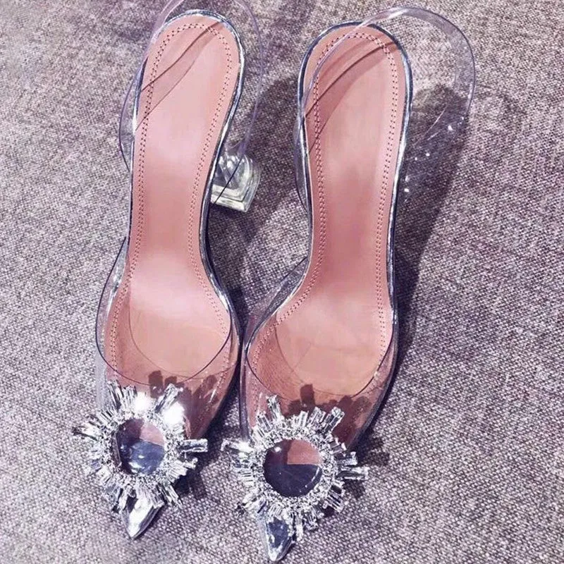 One Word Lace Shoes High-heeled Winter Women Transparent Crystal Female Baotou Ladies Style