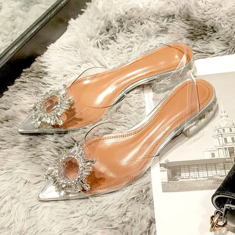 One Word Lace Shoes High-heeled Winter Women Transparent Crystal Female Baotou Ladies Style