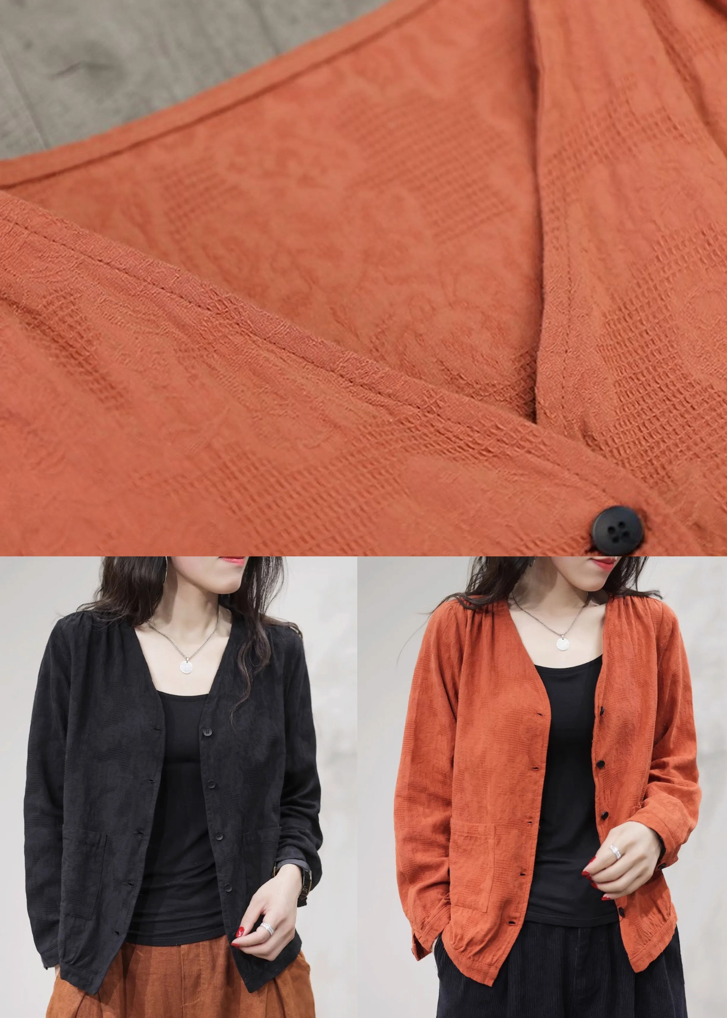 Orange Pockets Solid Cotton Coat Coats V Neck Fall