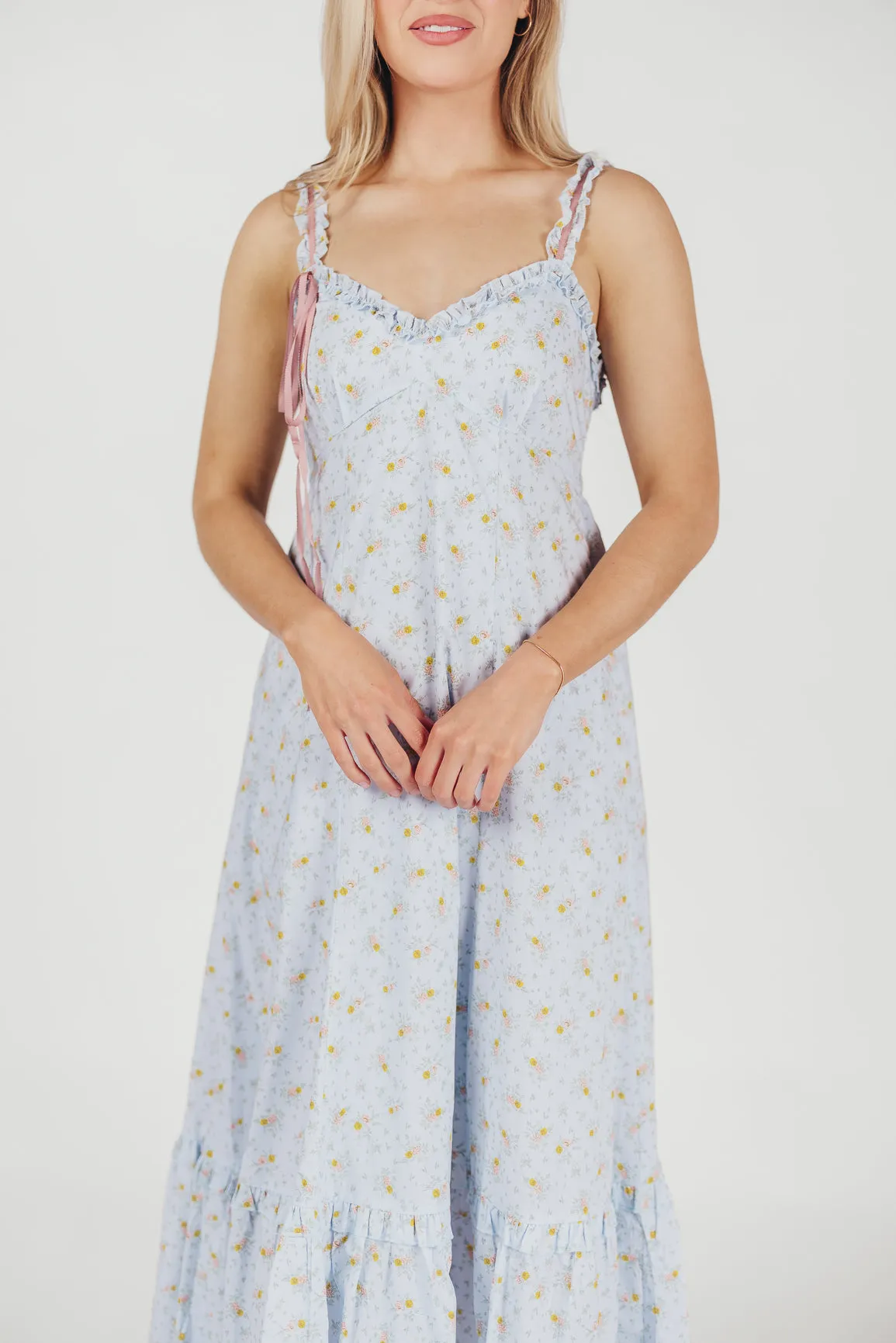 Penelope Cotton Maxi Dress with Ruffle Accents in Powder Blue Floral