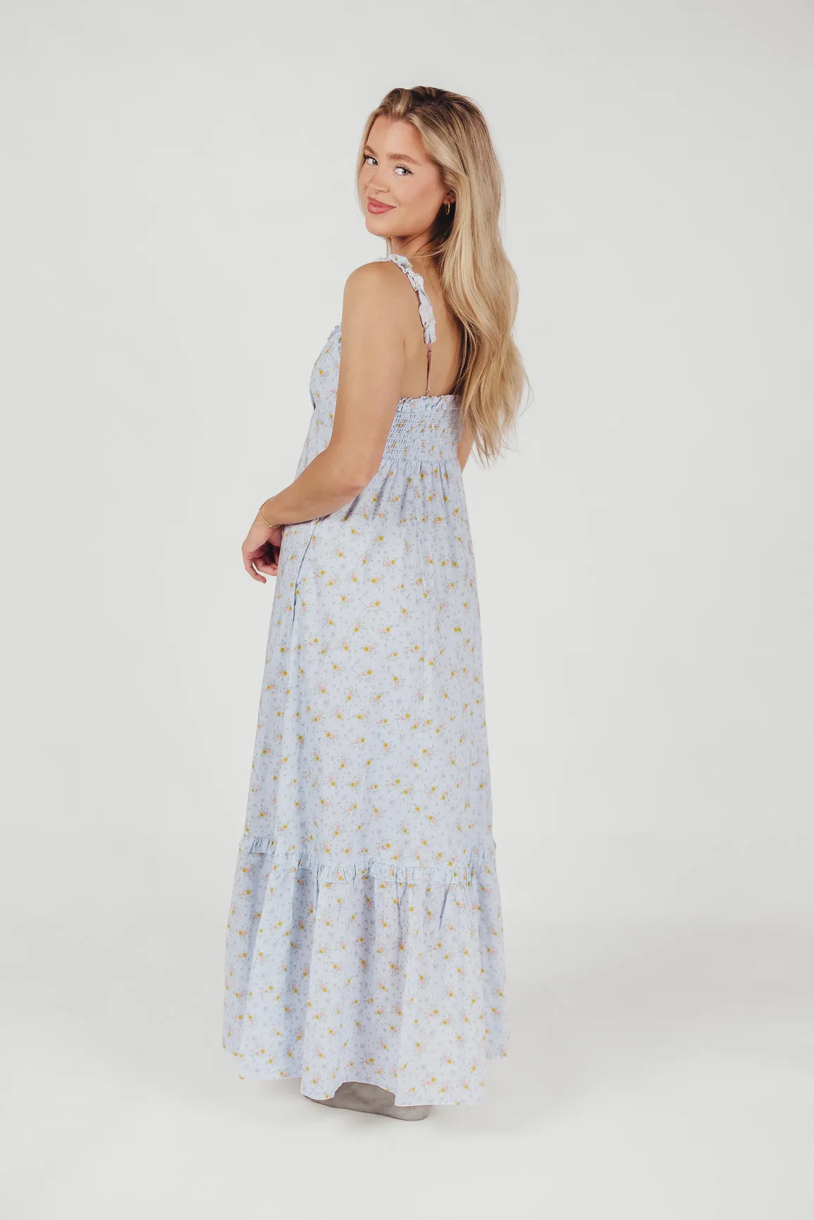 Penelope Cotton Maxi Dress with Ruffle Accents in Powder Blue Floral