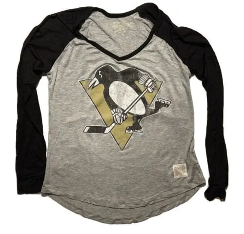 Pittsburgh Penguins Retro Brand Women Black Two Tone V-Neck LS T-Shirt