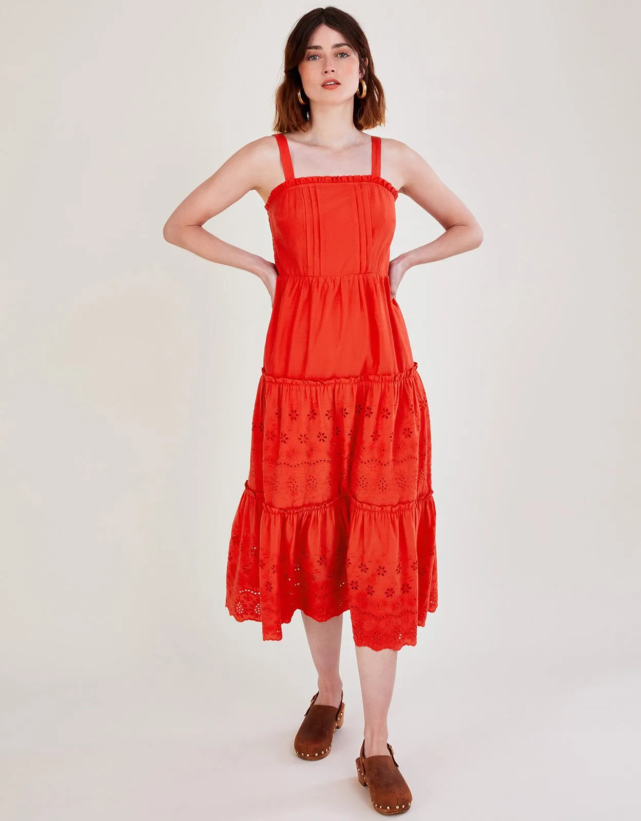 Plain Schiffli Wide Strap Sun Dress  Red