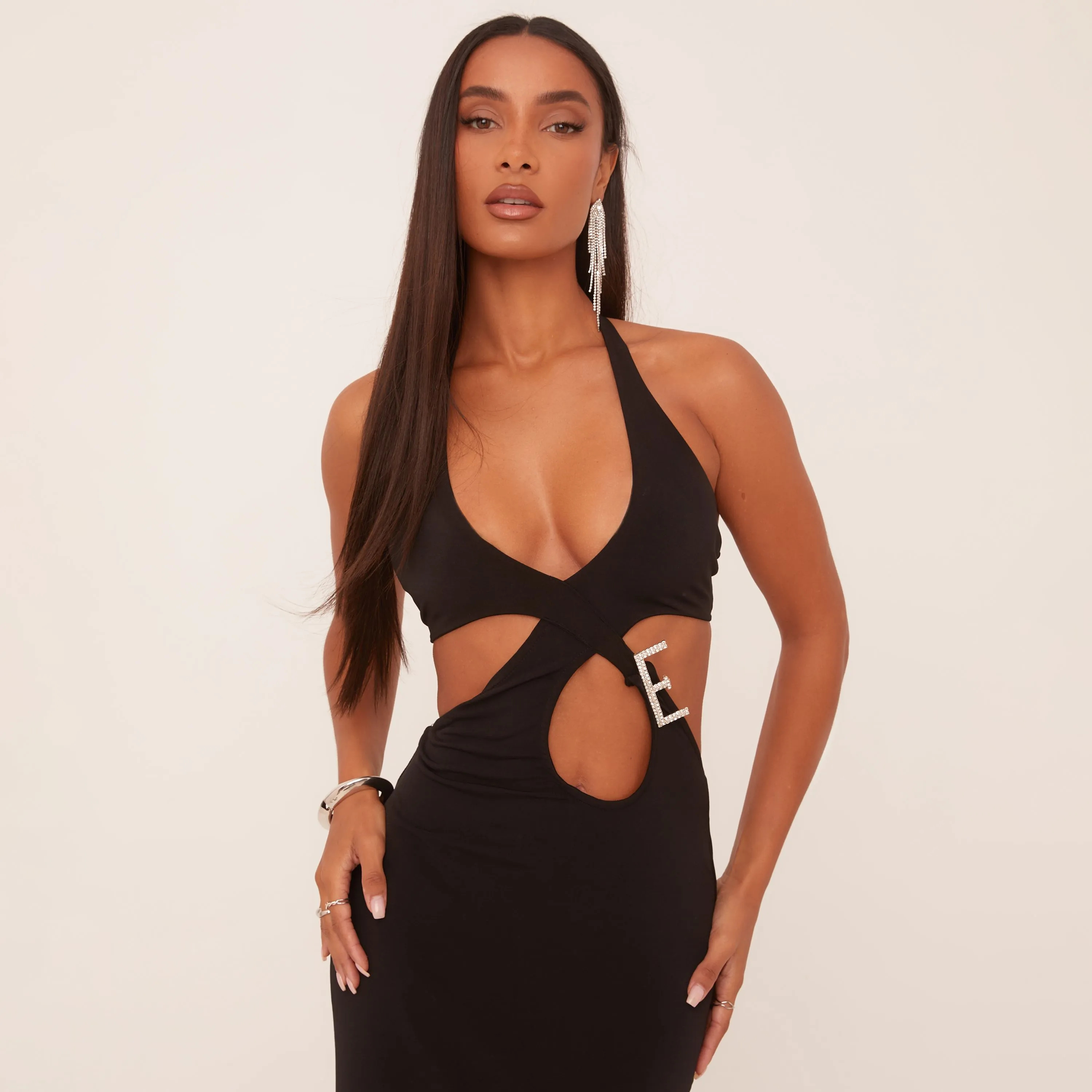 Plunge Diamante E Detail Strappy Cut Out Maxi Dress In Black Slinky