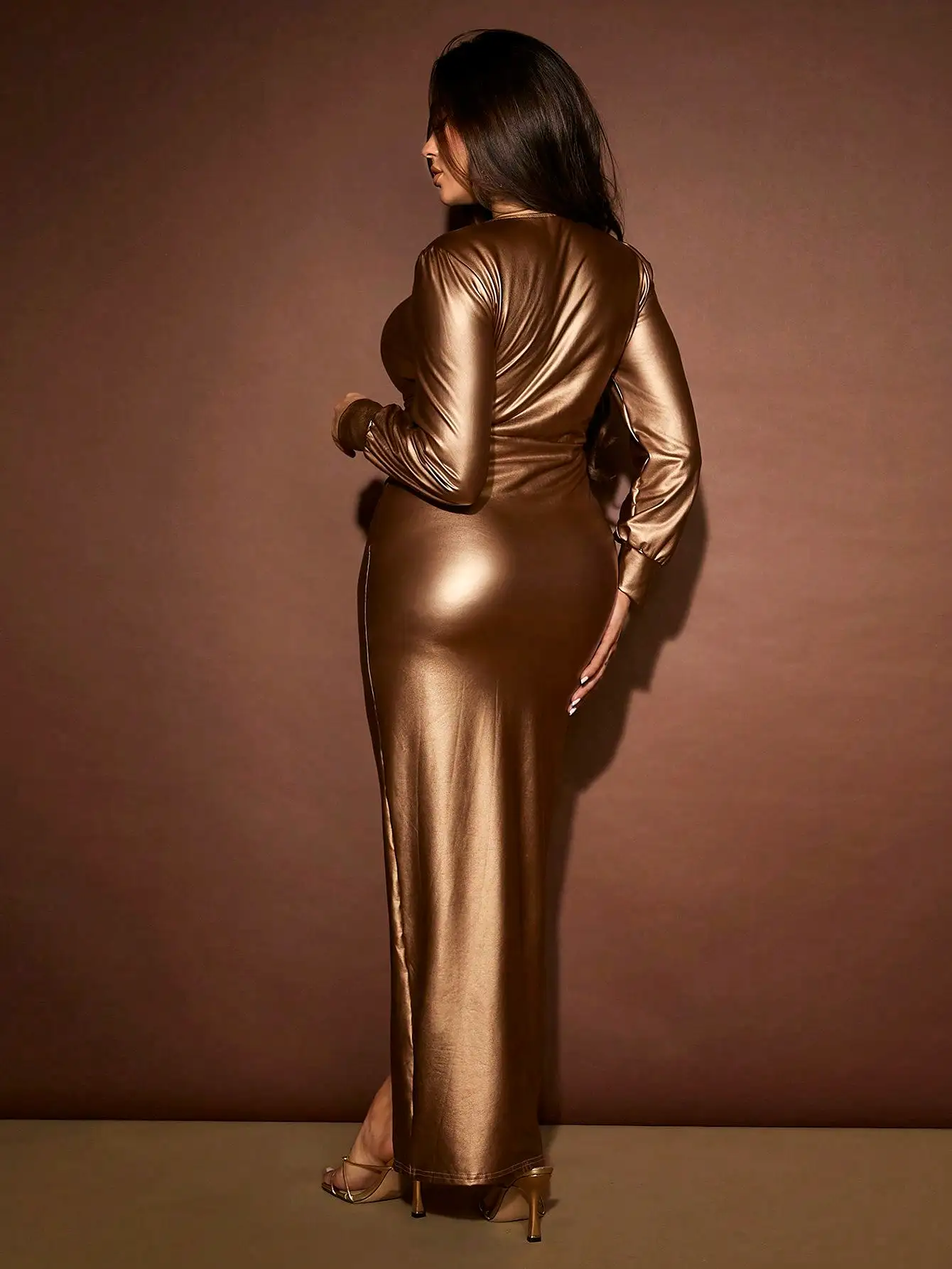 Plunging Neck Twist Front Split Thigh Metallic Dress