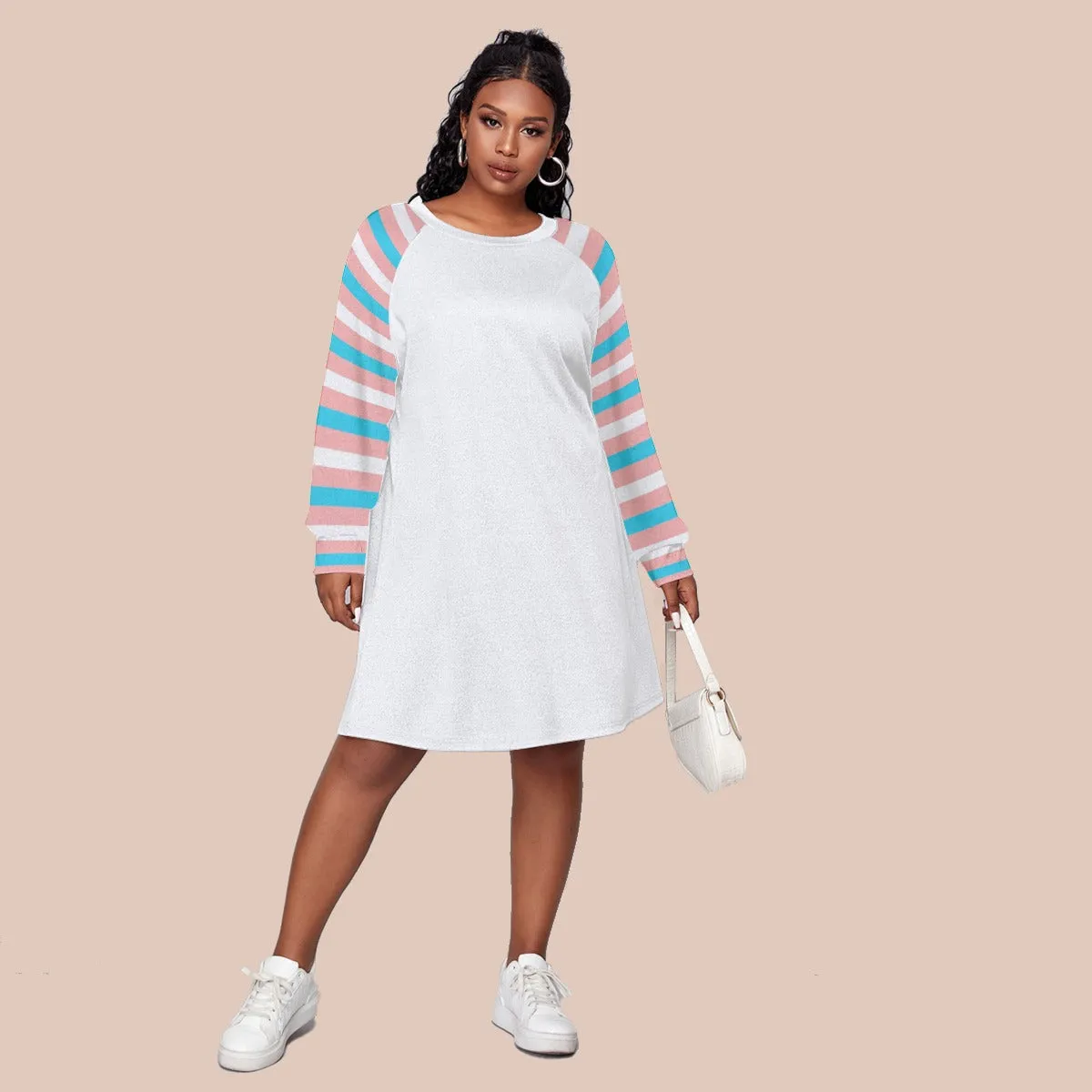 Plus Size Blue Pink White Pride Candy Stripe Sleeves Classic Round-Neck White Dress