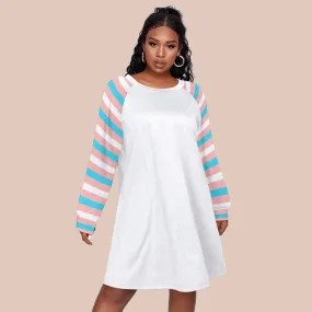 Plus Size Blue Pink White Pride Candy Stripe Sleeves Classic Round-Neck White Dress