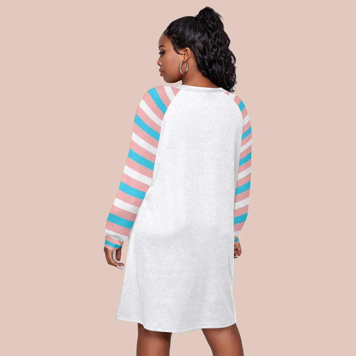 Plus Size Blue Pink White Pride Candy Stripe Sleeves Classic Round-Neck White Dress