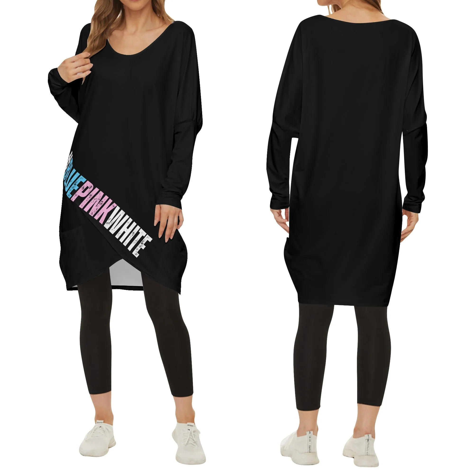 Plus Size BLUEPINKWHITE Hashtag Black Casual Long-Sleeved Wrap-Over Smock Dress