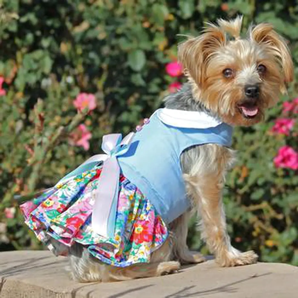 Powder Blue and Pearls Floral Dog Harness Dress