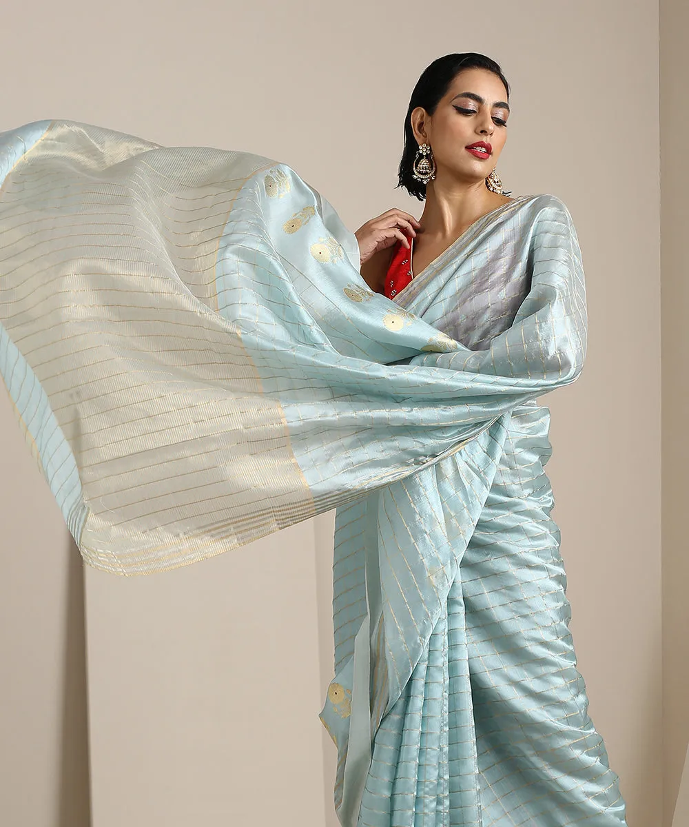 Powder Blue Handloom Chanderi Silk Saree With Zari Checks And Floral Motifs