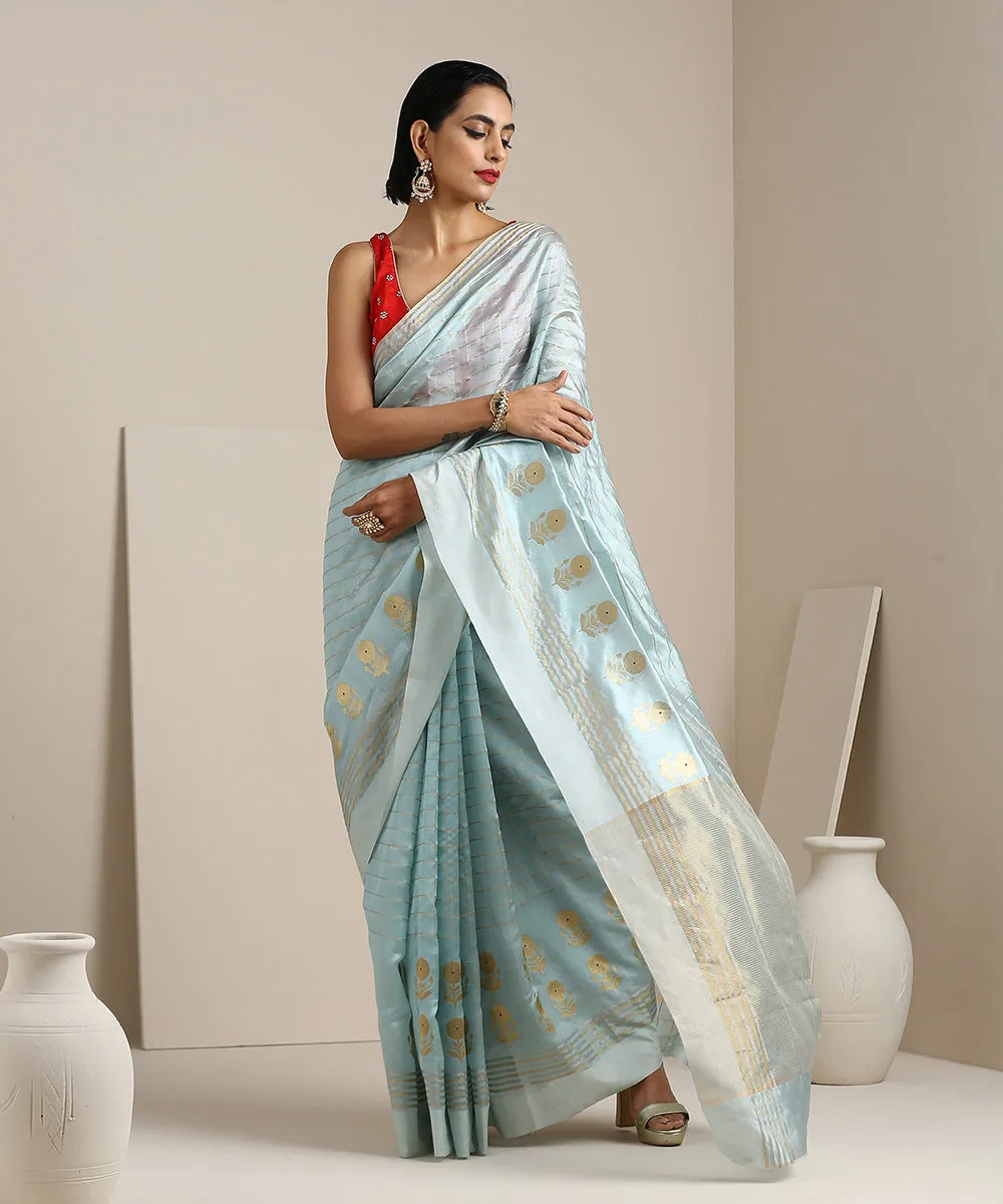 Powder Blue Handloom Chanderi Silk Saree With Zari Checks And Floral Motifs