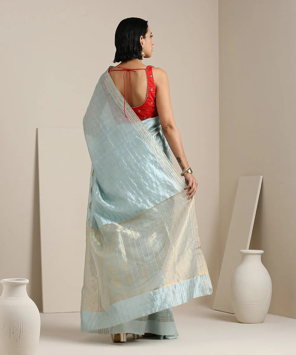 Powder Blue Handloom Chanderi Silk Saree With Zari Checks And Floral Motifs