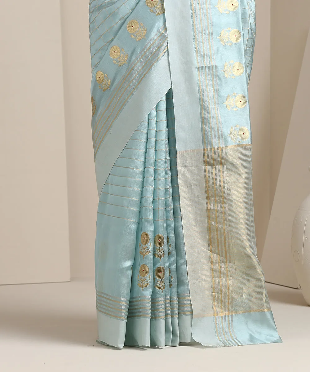 Powder Blue Handloom Chanderi Silk Saree With Zari Checks And Floral Motifs