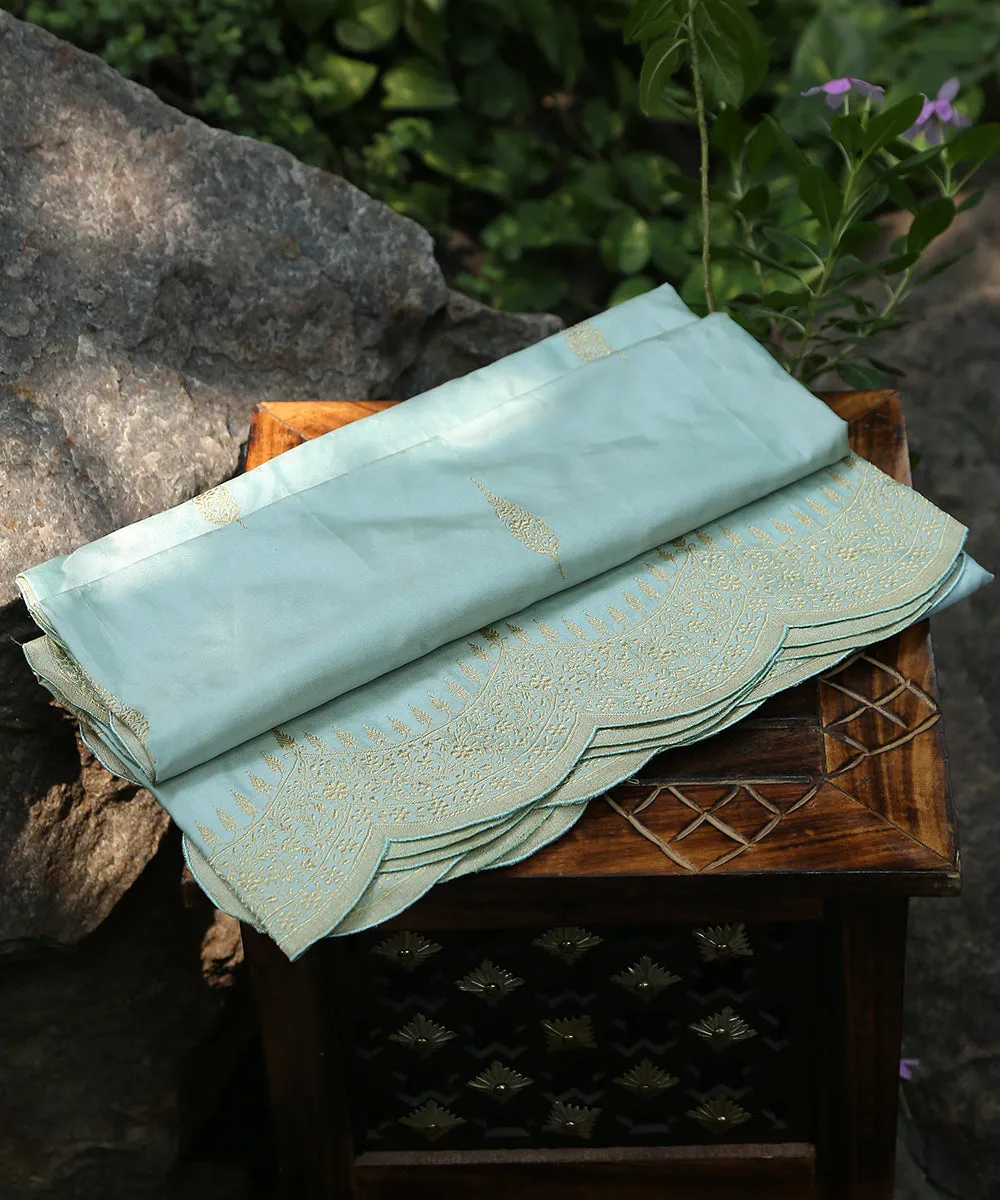 Powder Blue Handloom Pure Katan Silk Banarasi Dupatta With Scalloped Border