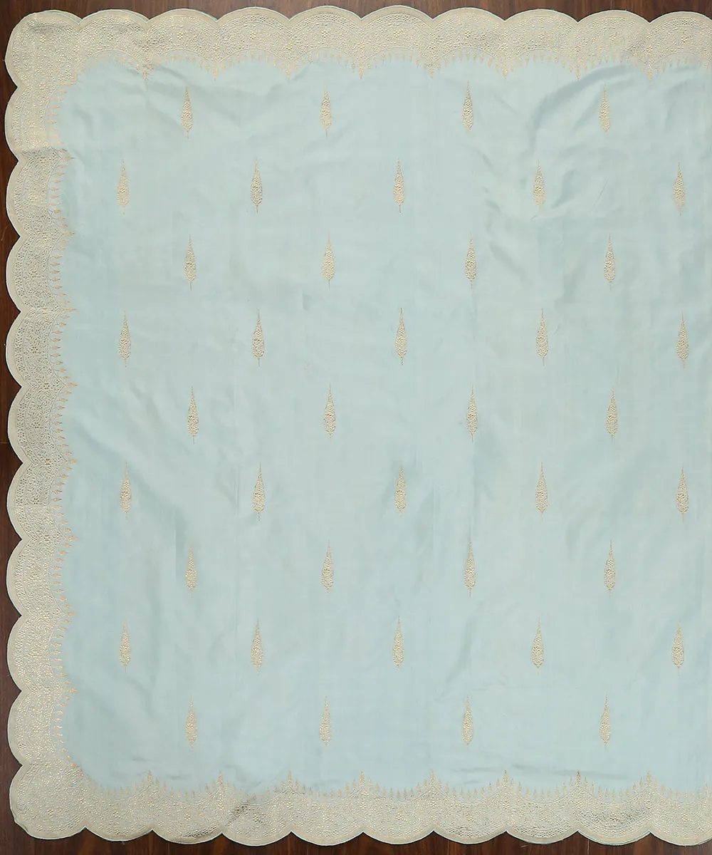 Powder Blue Handloom Pure Katan Silk Banarasi Dupatta With Scalloped Border