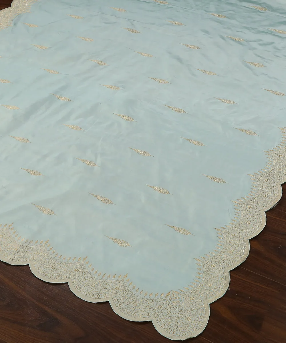 Powder Blue Handloom Pure Katan Silk Banarasi Dupatta With Scalloped Border