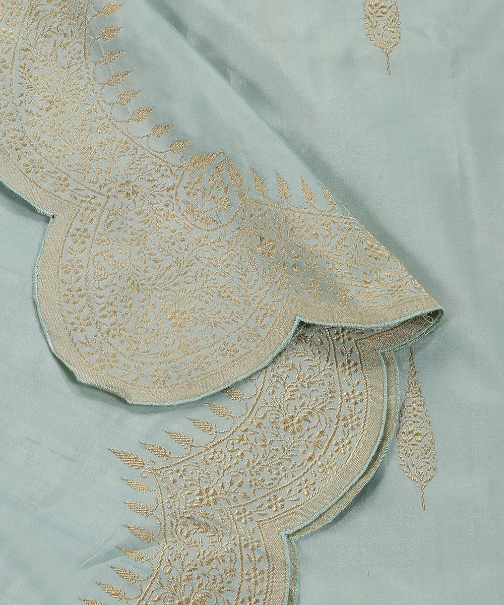 Powder Blue Handloom Pure Katan Silk Banarasi Dupatta With Scalloped Border