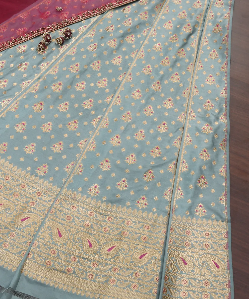 Powder Blue Handloom Pure Katan Silk Banarasi Lehenga With Pink Meenakari