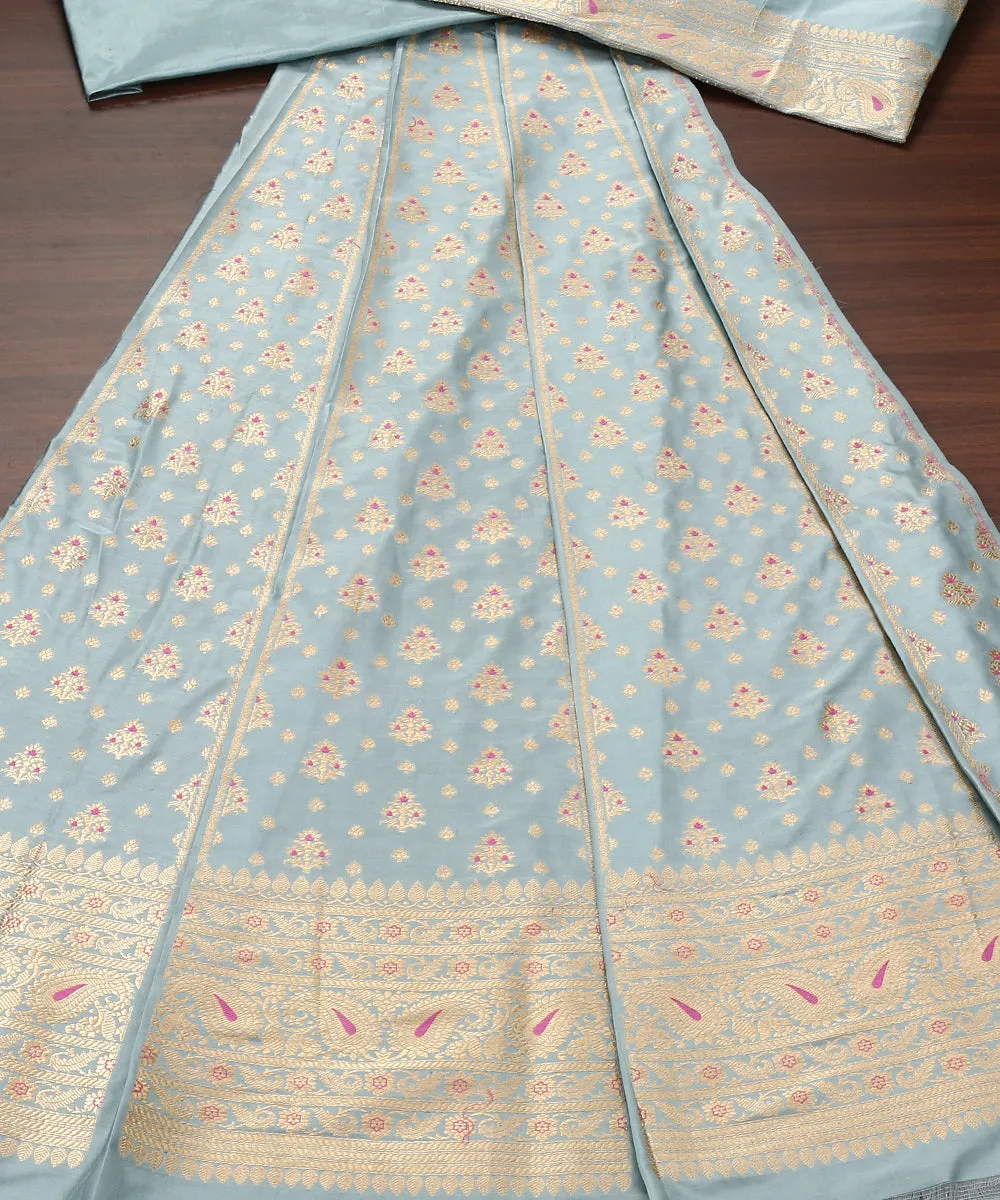 Powder Blue Handloom Pure Katan Silk Banarasi Lehenga With Pink Meenakari