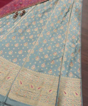 Powder Blue Handloom Pure Katan Silk Banarasi Lehenga With Pink Meenakari