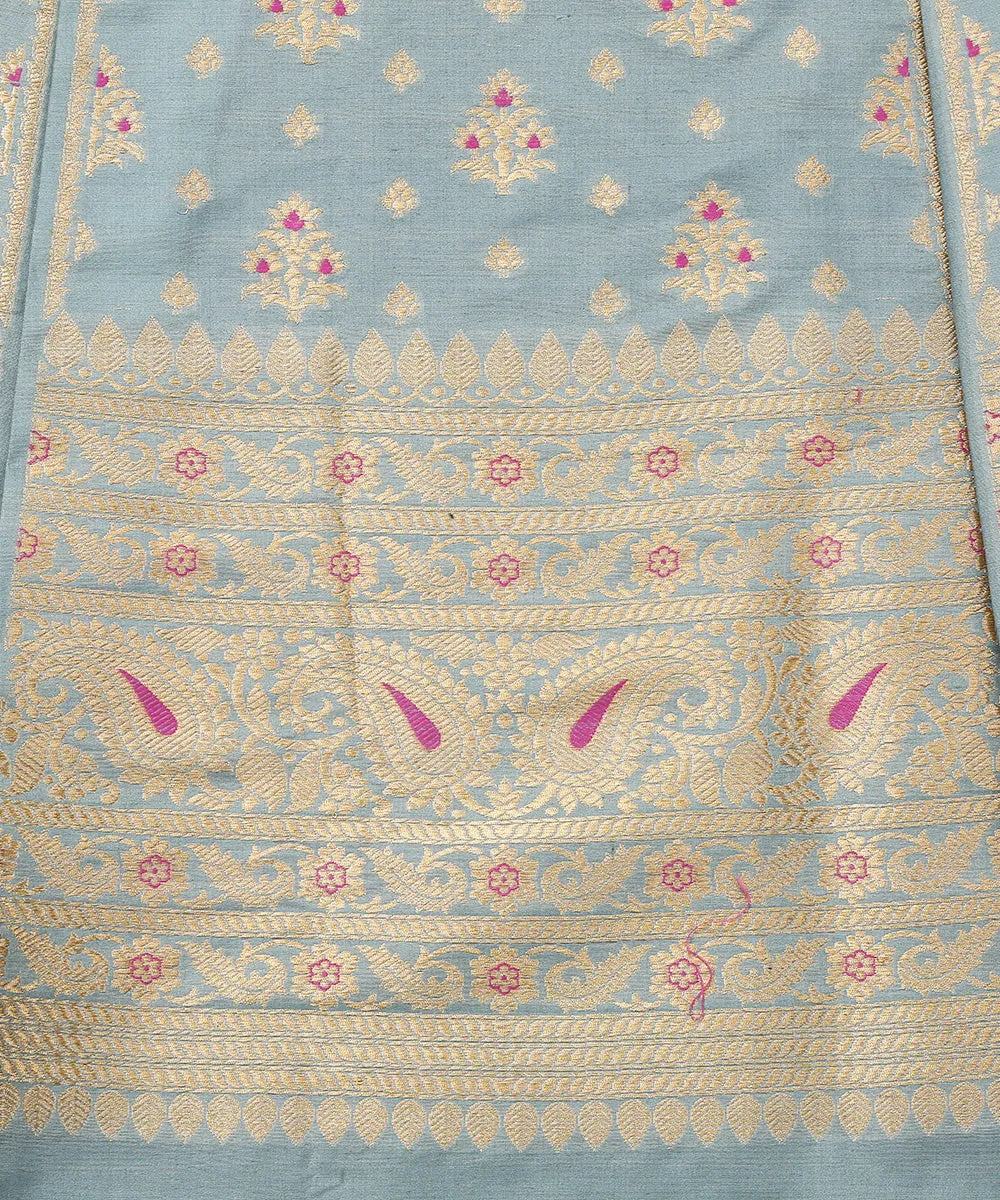 Powder Blue Handloom Pure Katan Silk Banarasi Lehenga With Pink Meenakari