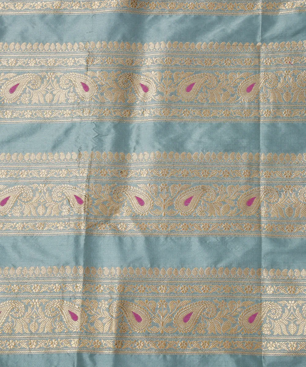 Powder Blue Handloom Pure Katan Silk Banarasi Lehenga With Pink Meenakari