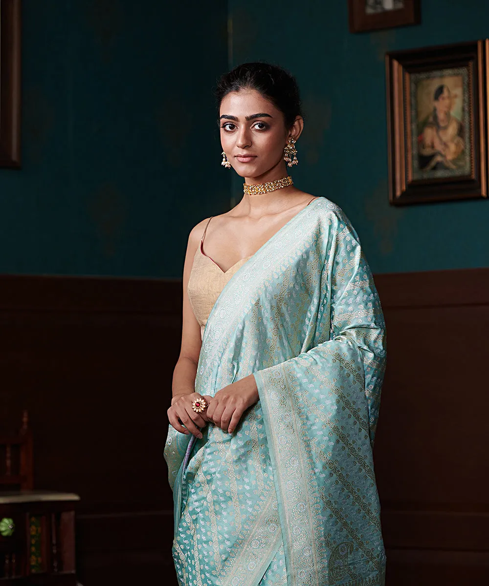 Powder Blue Handloom Pure Katan Silk Banarasi Saree With Aada Jaal