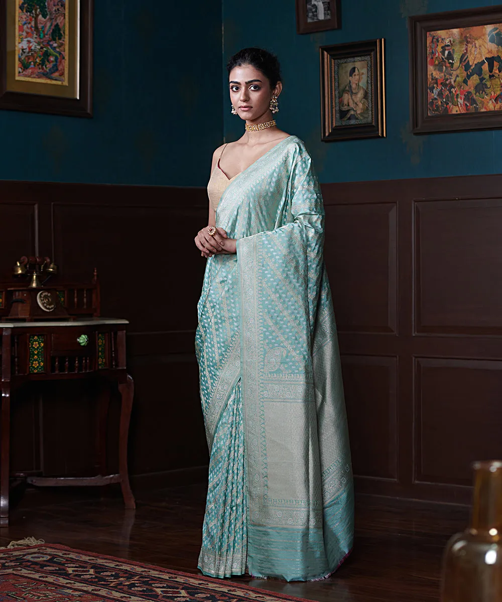 Powder Blue Handloom Pure Katan Silk Banarasi Saree With Aada Jaal