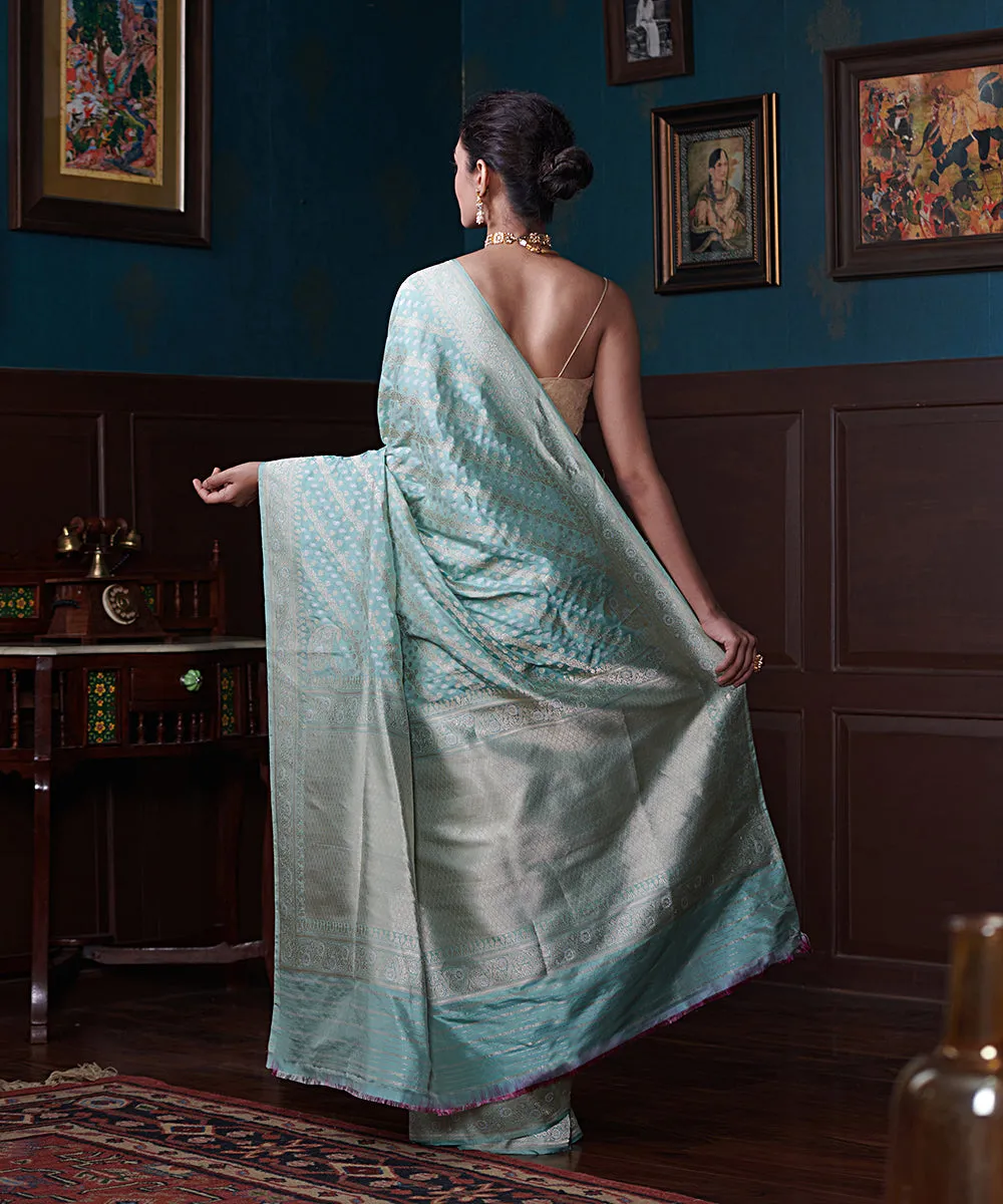 Powder Blue Handloom Pure Katan Silk Banarasi Saree With Aada Jaal