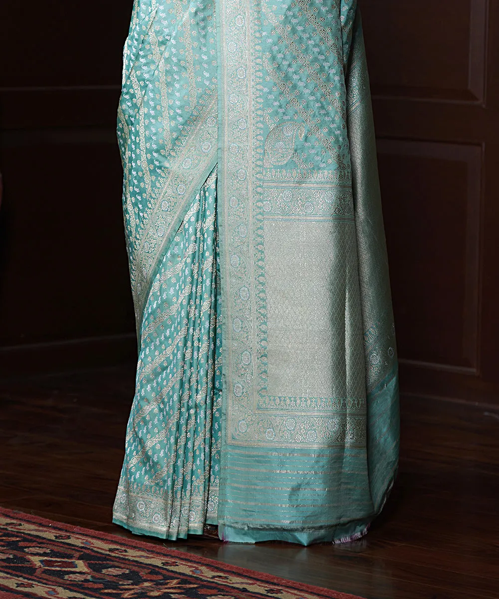 Powder Blue Handloom Pure Katan Silk Banarasi Saree With Aada Jaal