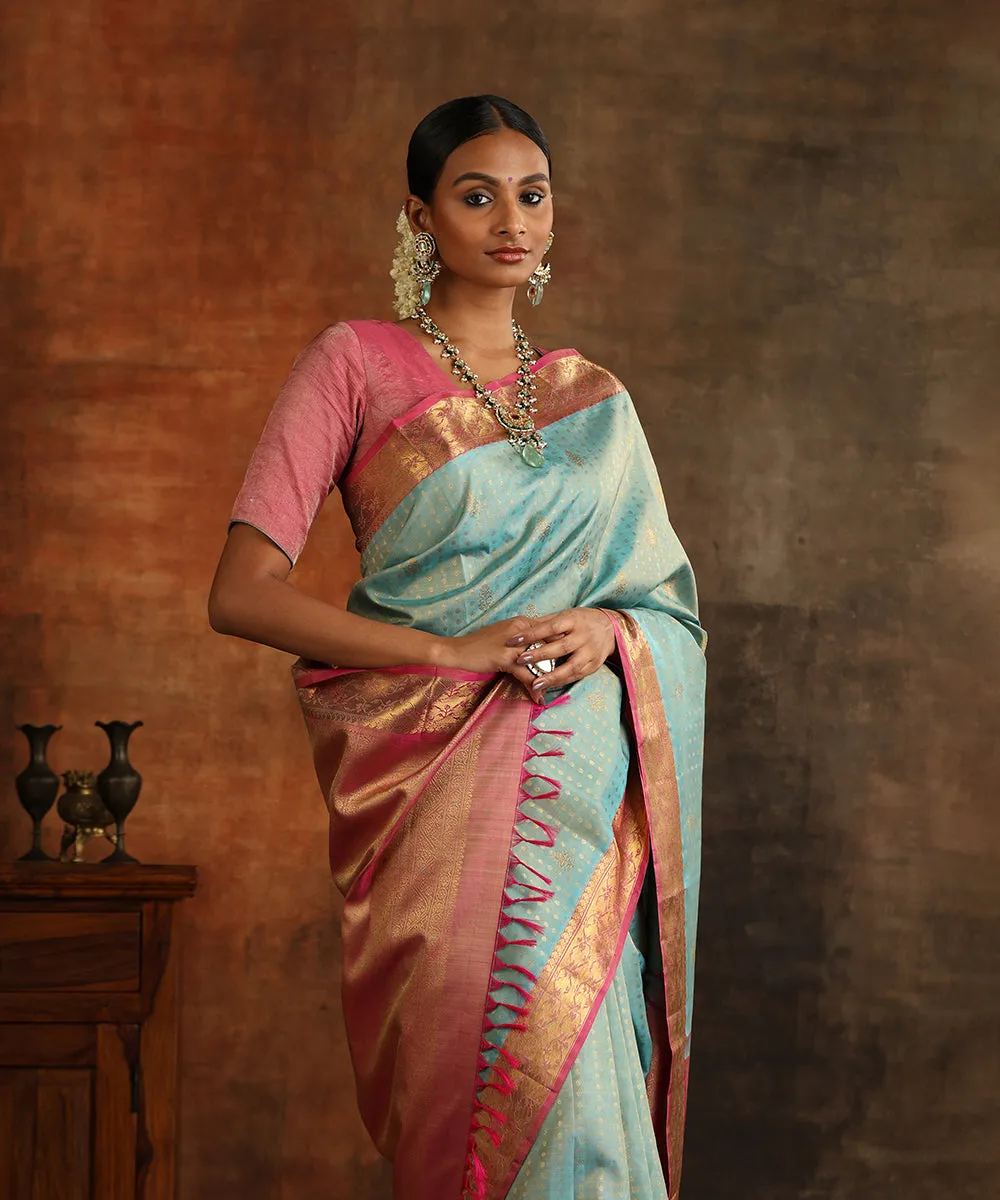 Powder Blue Handloom Pure Zari Pure Silk Kanjivaram Saree With Lilac Border