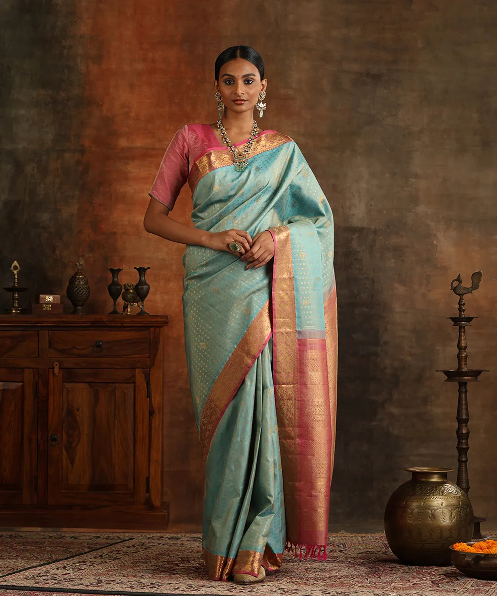 Powder Blue Handloom Pure Zari Pure Silk Kanjivaram Saree With Lilac Border