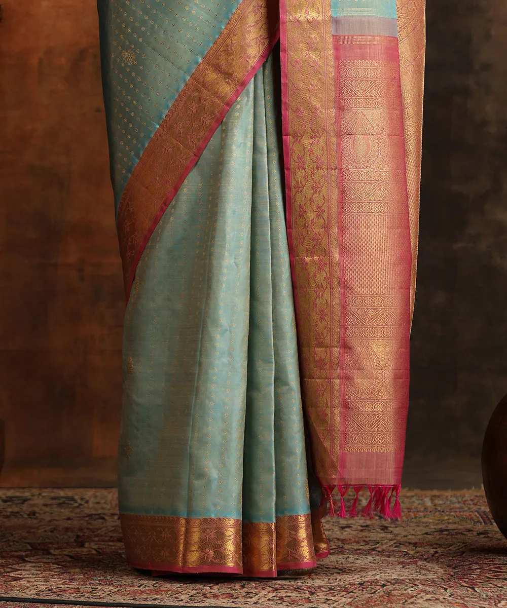 Powder Blue Handloom Pure Zari Pure Silk Kanjivaram Saree With Lilac Border