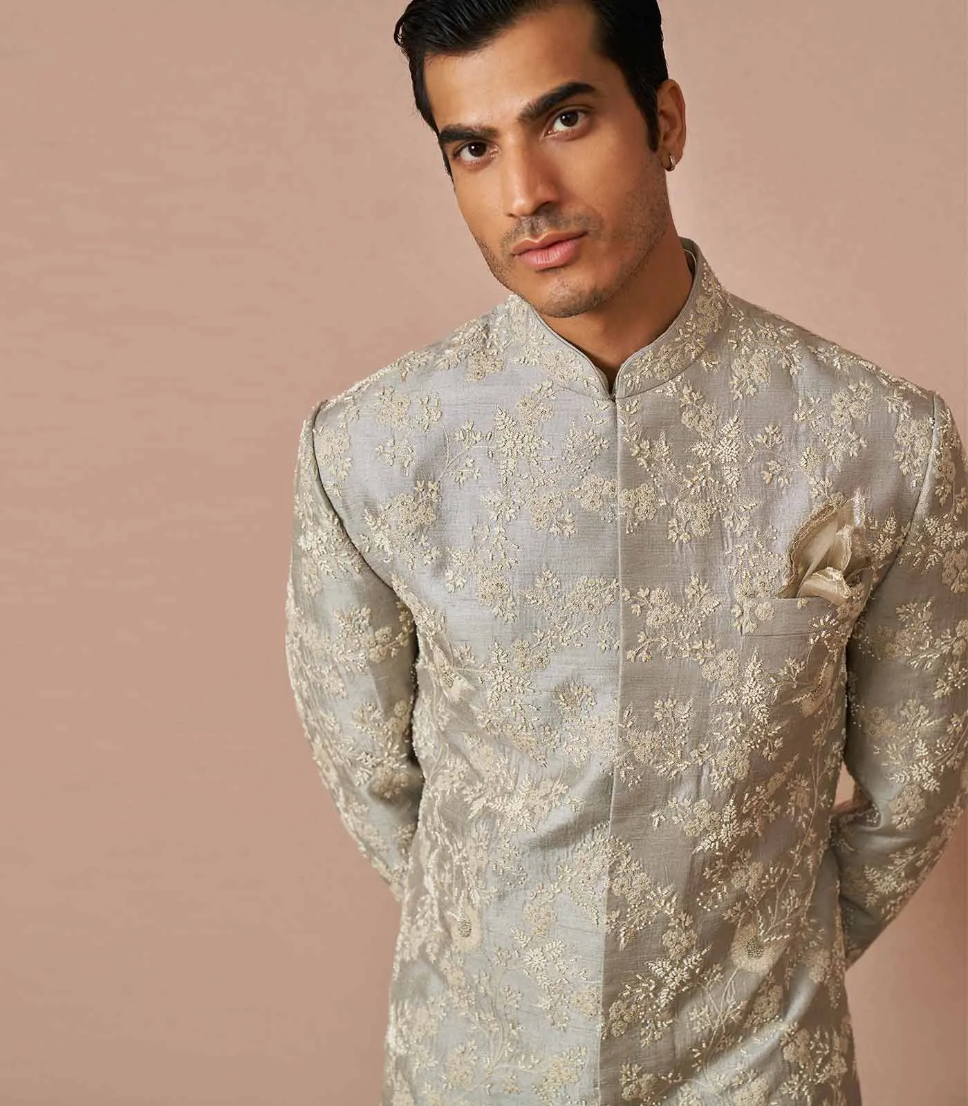 Powder blue rawsilk jahaan pearl embroidered Sherwani Set