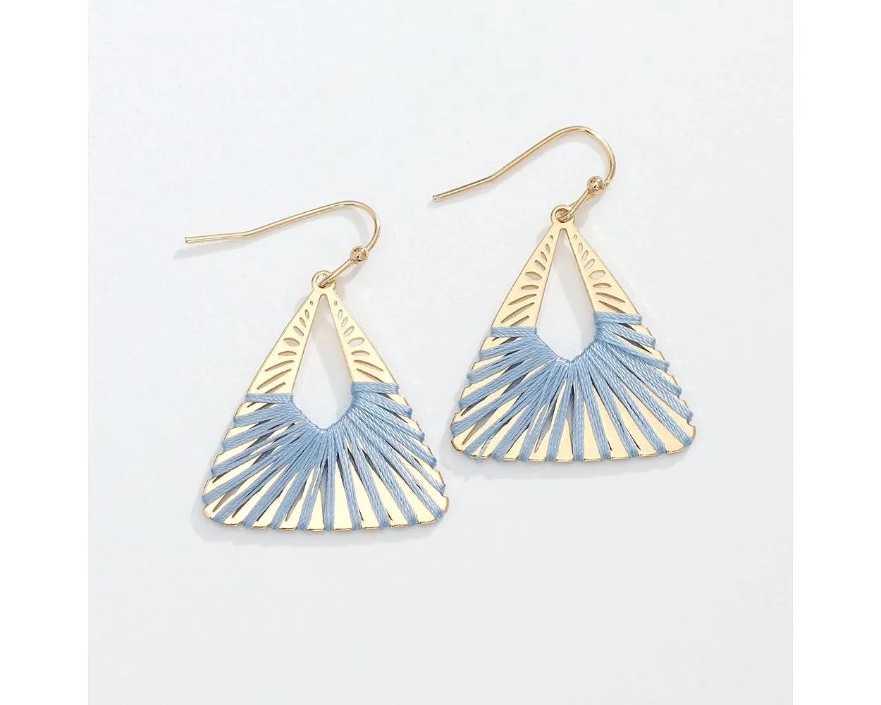 Powder Blue Thread Over Gold Triangle Drops Earrings