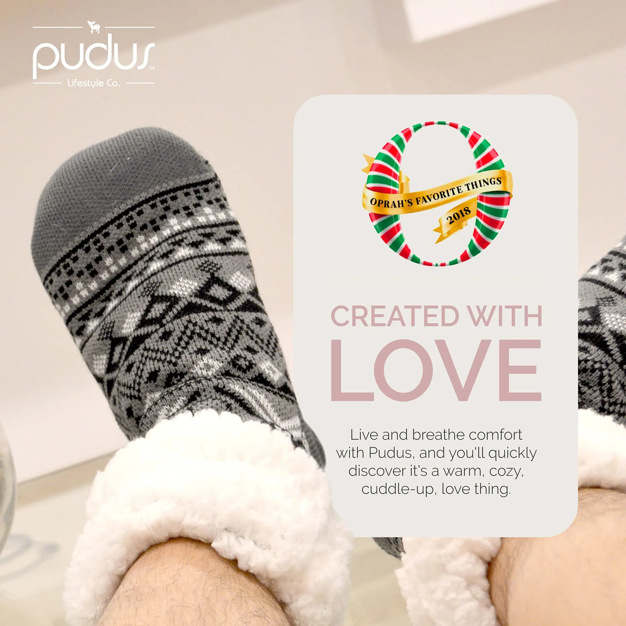 Pudus Cozy Winter Slipper Socks Women & Men w Non-Slip Grippers Faux Fur Sherpa