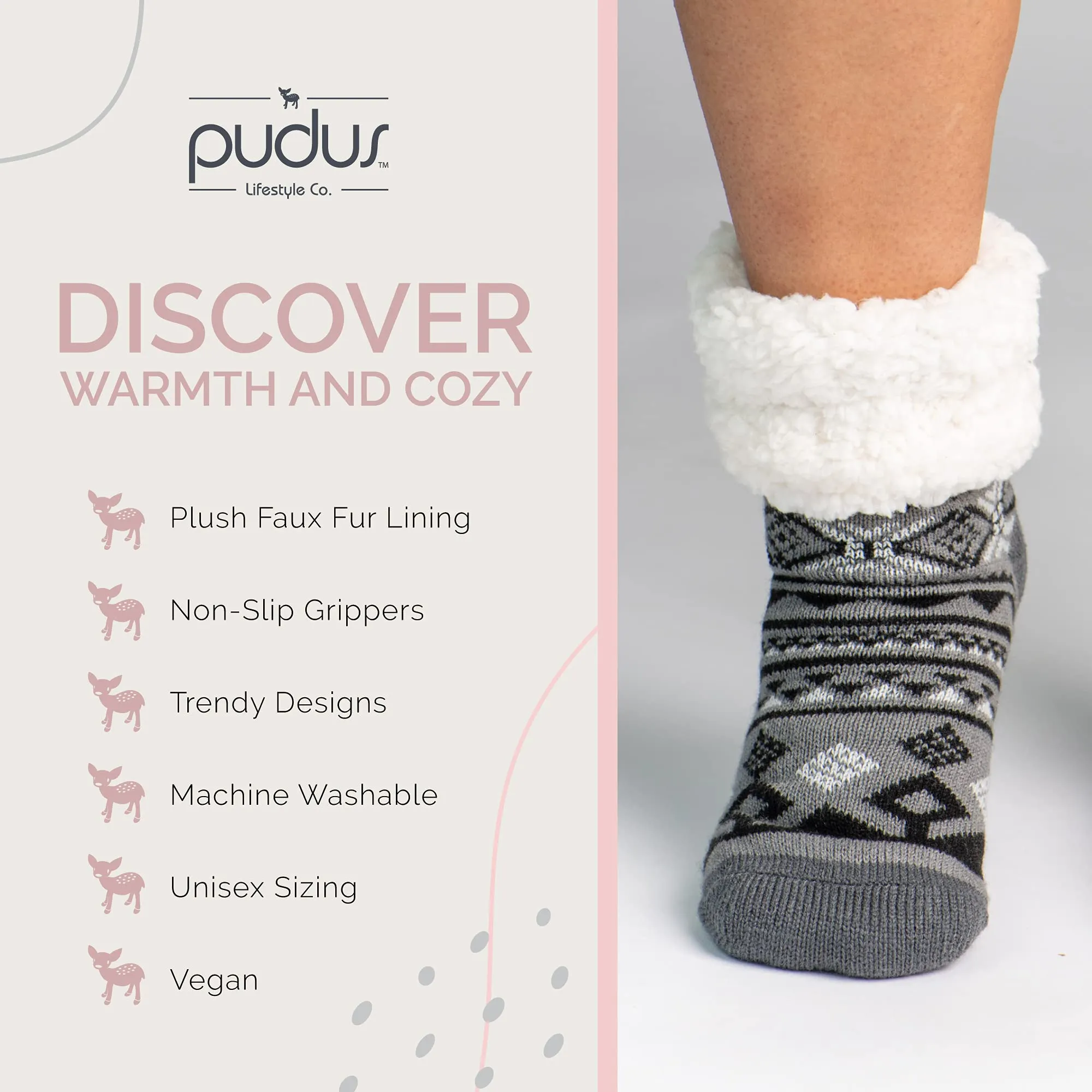 Pudus Cozy Winter Slipper Socks Women & Men w Non-Slip Grippers Faux Fur Sherpa