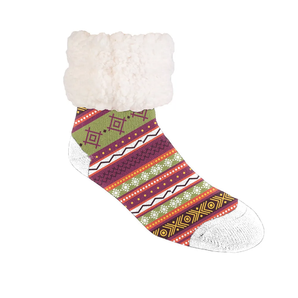 Pudus Recycled Cozy Fall Winter Holiday Patterns Slipper Socks Women & Men w Non-Slip Grippers Faux Fur Sherpa