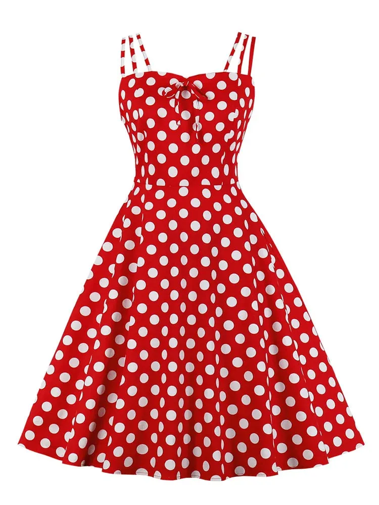 Retro Style Polka Dot Bow Front Spaghetti Strap Party Swing Dresses Women Summer Shirred Back Vintage Cotton Dress