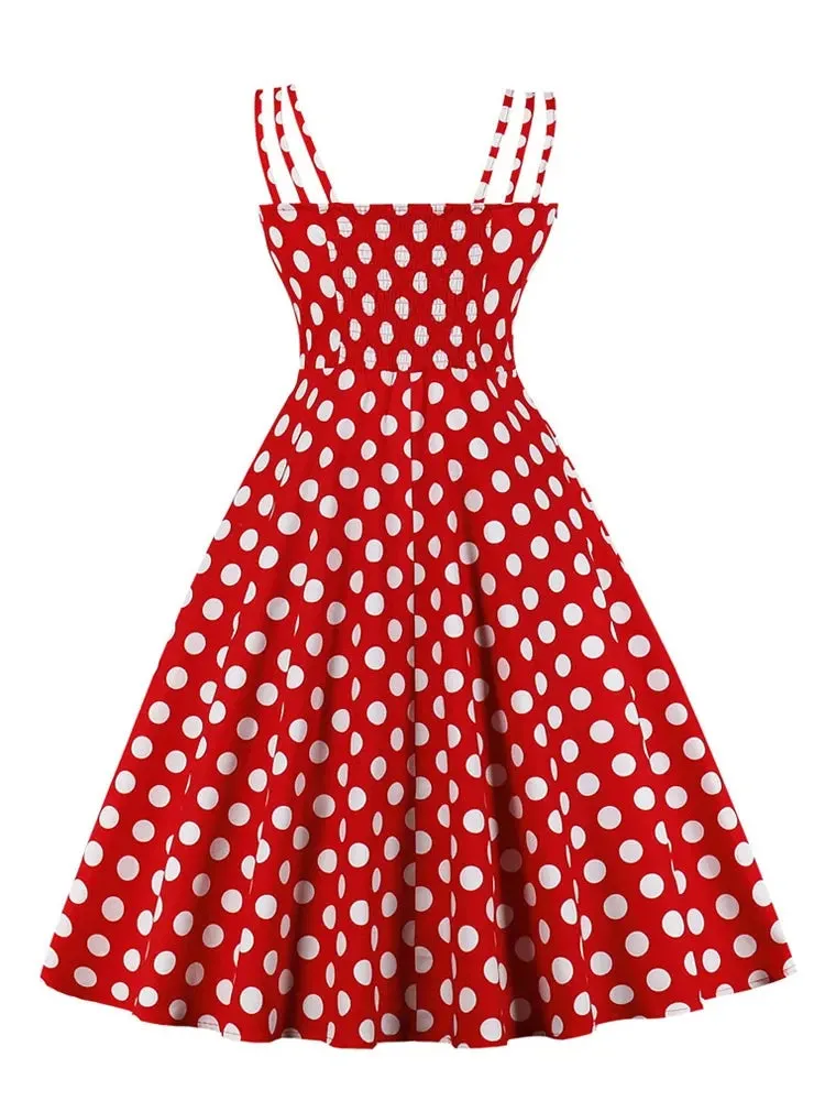 Retro Style Polka Dot Bow Front Spaghetti Strap Party Swing Dresses Women Summer Shirred Back Vintage Cotton Dress