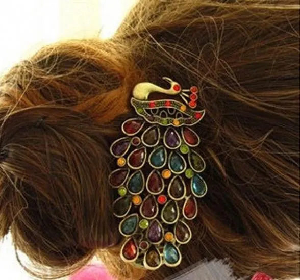 Retro Women Hairwear Peacock Pattern Colorful Crystal Hairpins Women Hair Jewelry Girls SM6