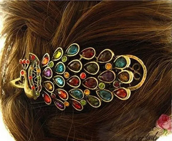 Retro Women Hairwear Peacock Pattern Colorful Crystal Hairpins Women Hair Jewelry Girls SM6