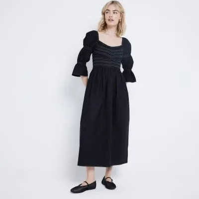 River Island Womens Black Shirred Smock Midi Dress